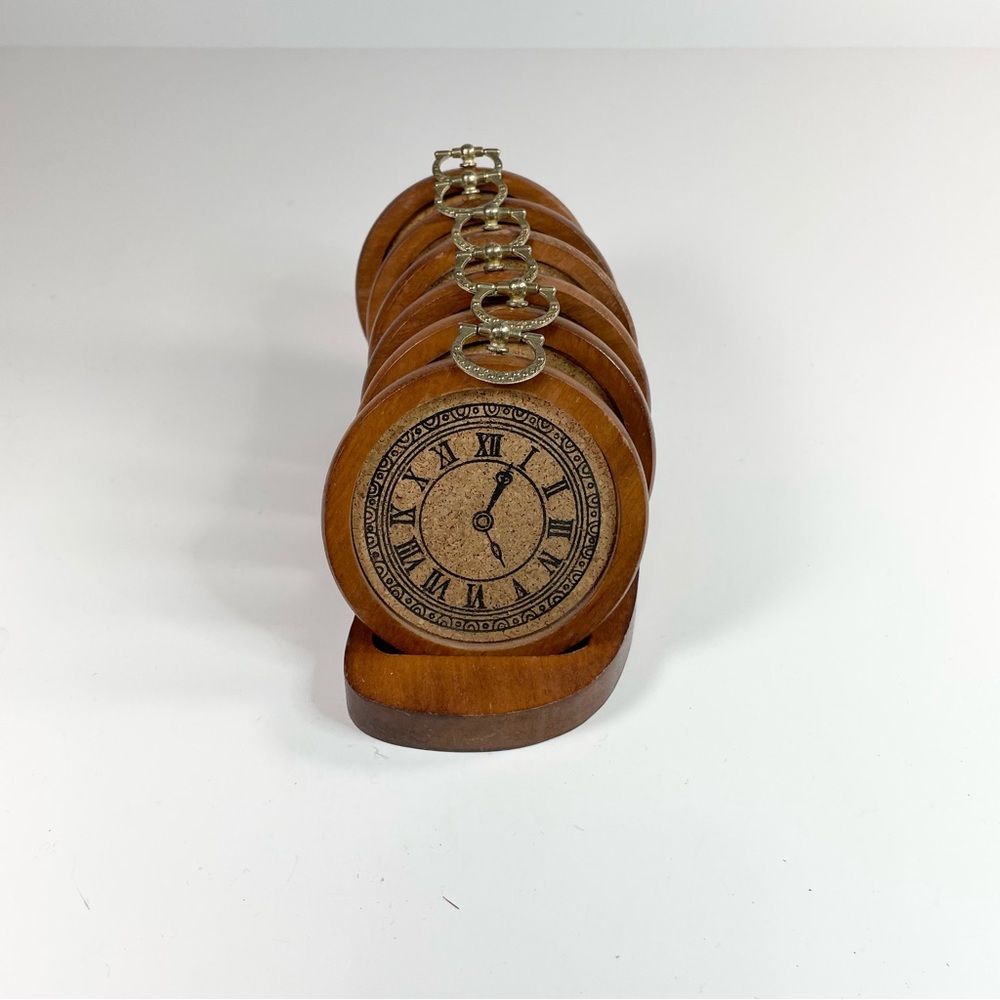 Vintage Five O’clock Wood And Cork Coasters With Wood Stand Set‎ Of Six